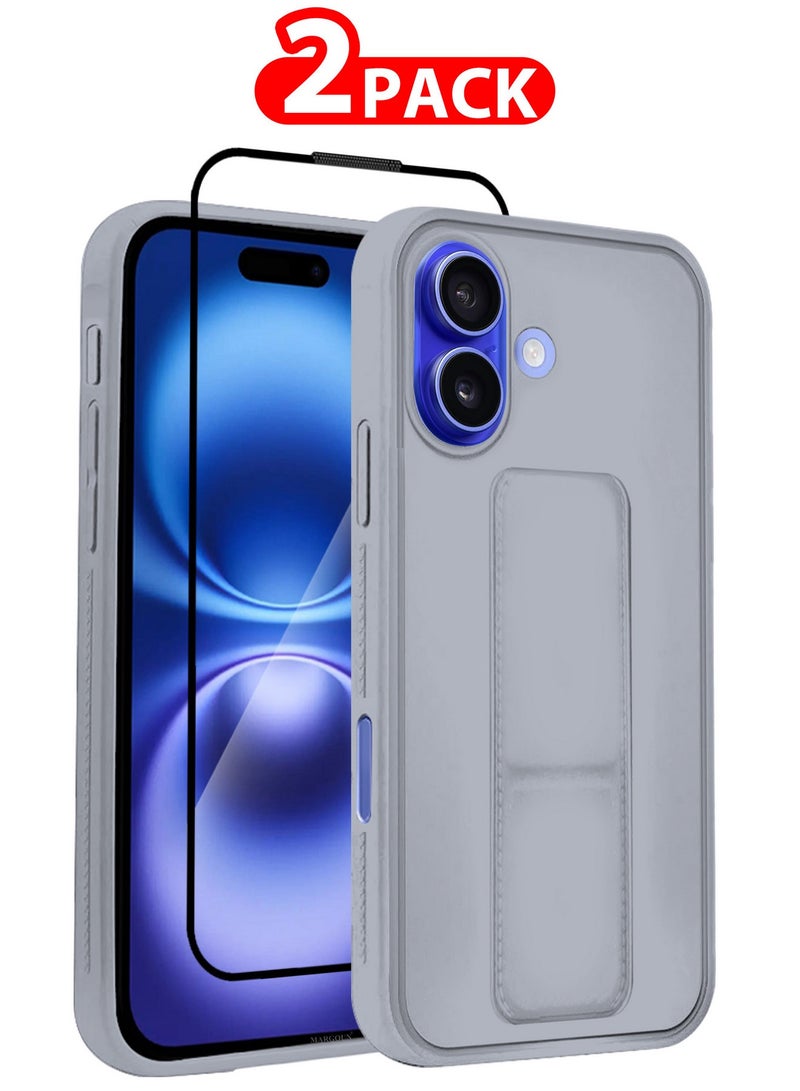 MARGOUN ( for iPhone 16 Plus ) 2 Pack, Case and Screen Protector Premium PU Leather Case with Stand Function Shockproof and Anti Scratch Finger Grip Case Cover Grey  - Image 1