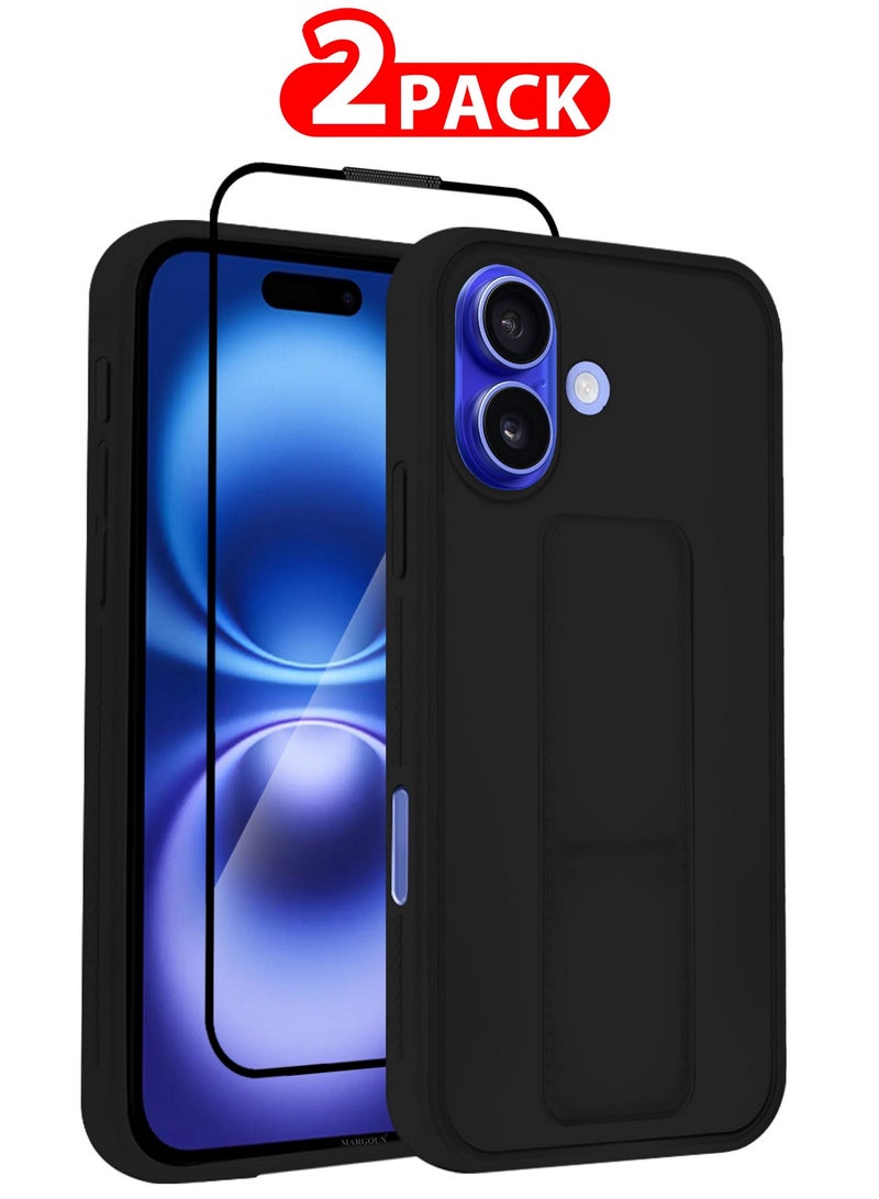 MARGOUN ( for iPhone 16 Plus ) 2 Pack, Case and Screen Protector Premium PU Leather Case with Stand Function Shockproof and Anti Scratch Finger Grip Case Cover Black - Image 1