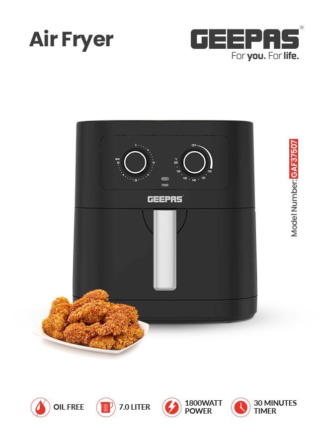 GEEPAS Air Fryer With Advanced Vortex Air Frying Technology, Adjustable Time & Temperature Controls, Non-Stick Coated Pan And Tray 7 L 1800 W GAF37507 Black/Silver 