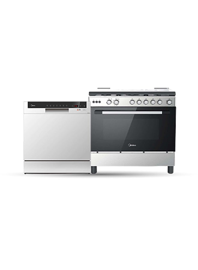مديا Home Bundle -  Counter Top Dishwasher + 90x60cm Stainless Steel Freestanding Cooker WQP83802FS+LME95030FFD-C White / Silver  - Image 1