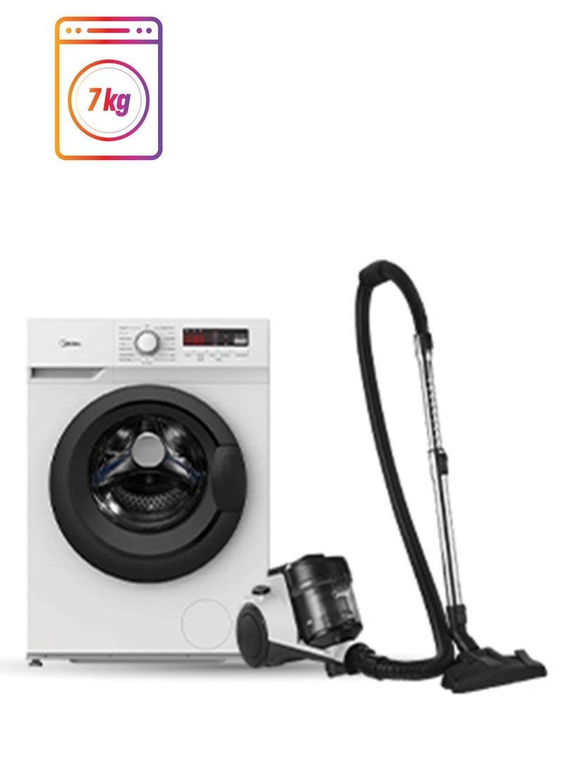 مديا Home Bundle -  7KG Front Load Washing Machine + Canister Vacuum Cleaner MC08MEWH+MFN70 White  - Image 1