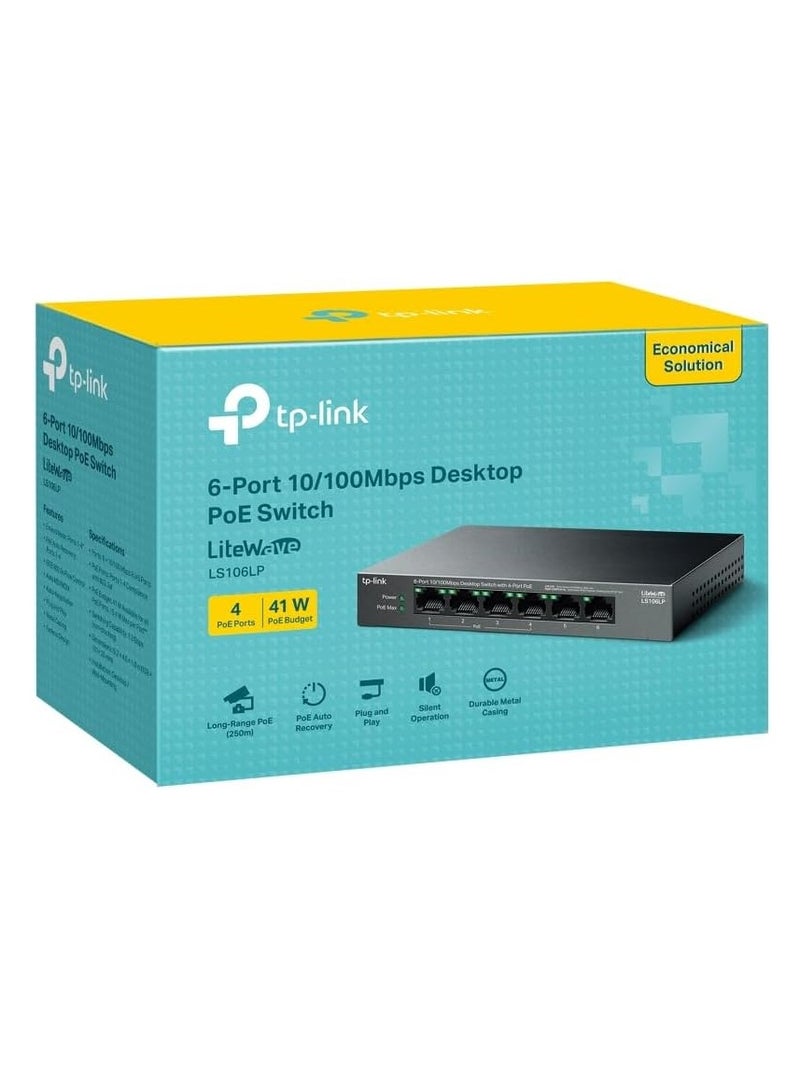 TP-LINK 6-Port 10/100Mbps Desktop Switch with 4-Port PoE - LS106LP black  - Image 1
