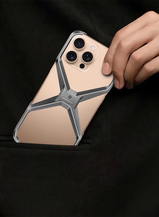 مارجون - ( for iPhone 16 Pro Max ) Case X Shape Anti-Fall Bare Phone Case,Cool Design Luxury Metal Shockproof Anti-Scratch Slim Borderless Case Titanium Grey - Image 1
