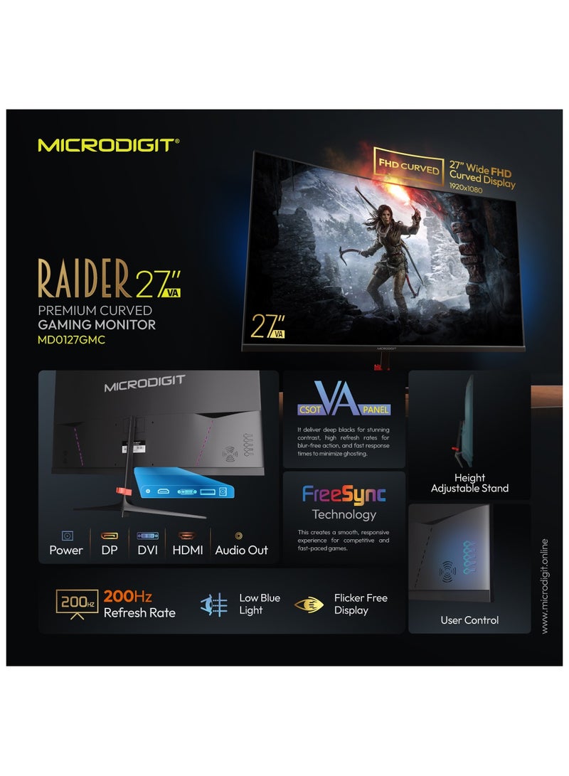 ميكرو ديجيت شاشة ألعاب منحنية ممتازة مقاس 27 بوصة بمعدل تحديث 200 هرتز ودقة FHD (1920x1080) ومكبرات صوت مدمجة  - Image 5