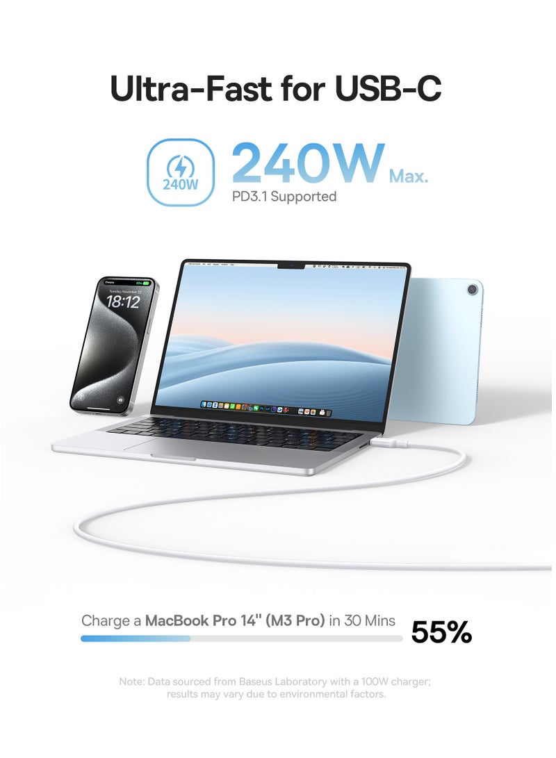Baseus Magnetic USB-C Charger Cable, 3.3ft Fast Charging Type C Cable Compatible with iPhone 16/15 Series, MacBook Pro/Air, Samsung S24/23 Ultra, Google Pixel, OnePlus, OPPO, Xiaomi, Laptops, iPad Air/Pro, Microsoft Surface, Air Pods Pro & More- 240W - White  - Image 2