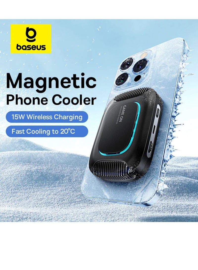 Baseus Ultra-Thin Magnetic Phone Cooler with 15W Wireless Charging for iPhone Gaming - High-Efficiency Radiator with Mobile Phone Stand and Cooling Fan for Optimal Performance, Enhanced Gaming Experience, and Extended Playtime - Perfect Accessory for Gamers on the Go (With Wireless Charger) With 15W Wireles Charger - Black  - Image 1
