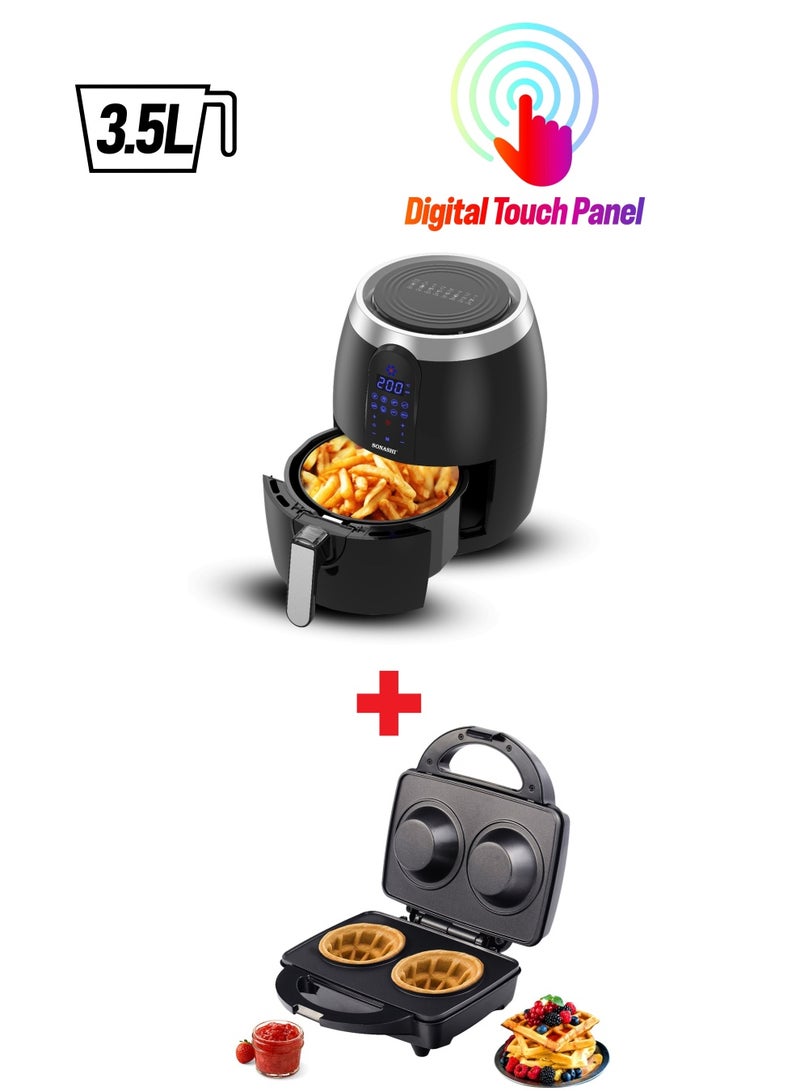سوناشي 3.5L Digital Air Fryer + Dual Cup Waffle Maker | Ideal For Fried Snacks And Waffles | Easy To Clean Models With Temperature Control Feature | User-Friendly Kitchen Appliance Bundle 3.5 L 1400 W SAF-350 + SWM-867 Black  - Image 1