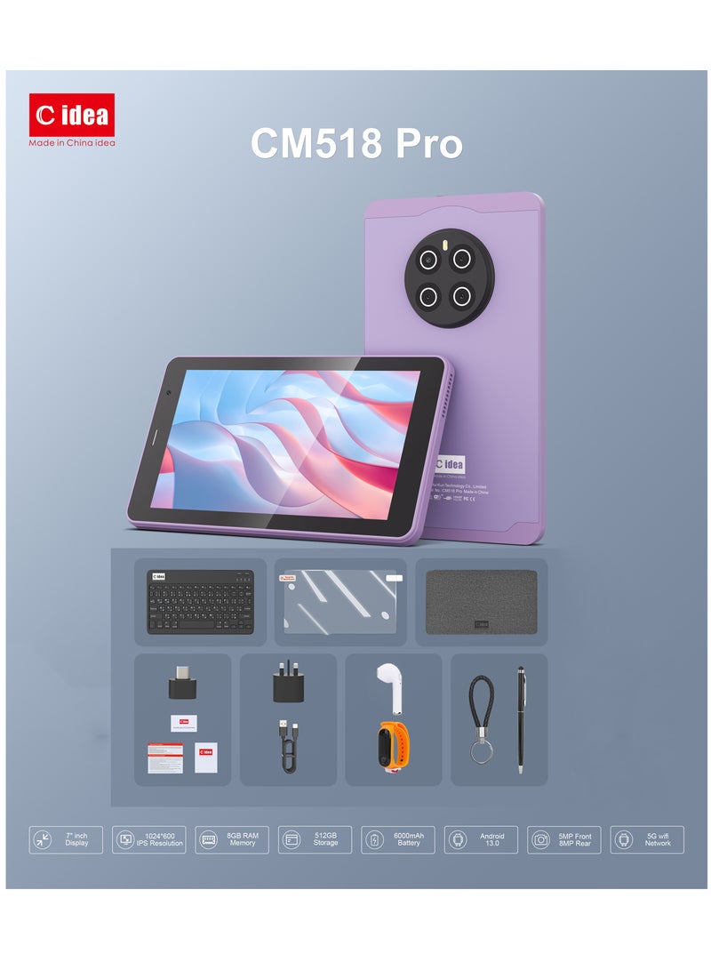 C idea - Smart Tablet PC with Wireless Keyboard 7-Inch IPS Touch Screen 8GB RAM 512GB ROM Android 13 Wi-Fi GPS and Bluetooth Dual Camera Single SIM 5G LTE Network For Student Learning Tab Golden - Image 1