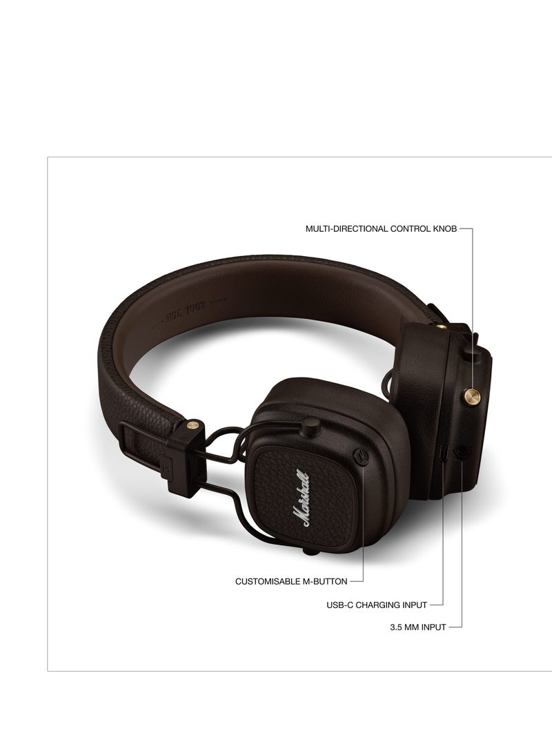 مارشال - Major V Bluetooth Headphones - Foldable Wireless Headphones Bluetooth With 100+ Hours Of Playtime, Brown - Image 1