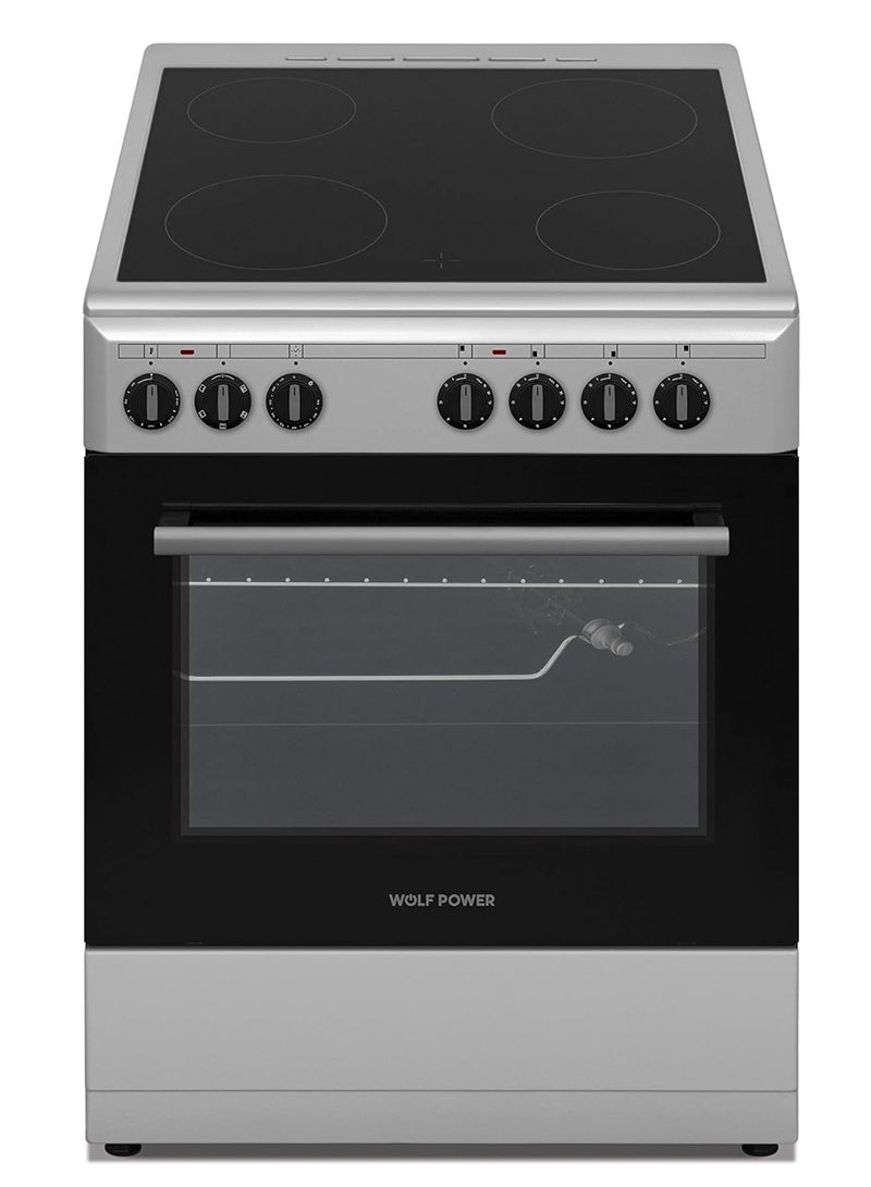 Wolf Power Freestanding 60X60 cm Ceramic Cooker, 4 Cooking Zones, 65 Liters Electric Oven with Turbo Fan, Stainless Steel, 1 Year Warranty WCR6060CERMF Silver/Black  - Image 1