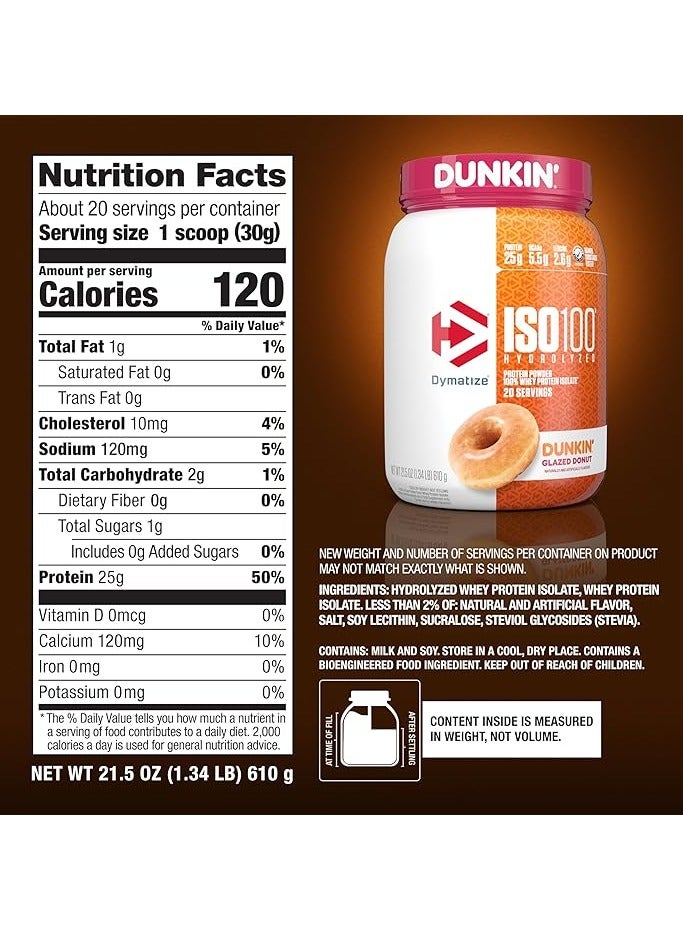 Dymatize ISO100 Hydrolyzed Protein Powder 100% Whey Isolate Dunkin Glazed Donut Flavor 20 Servings  - Image 3