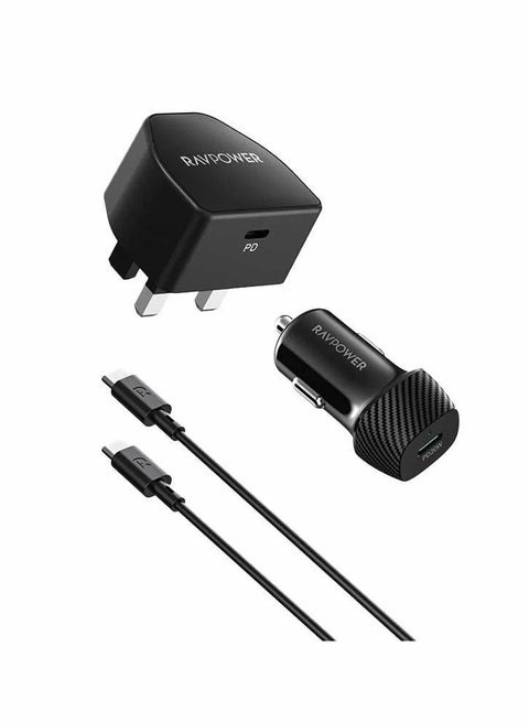 20W Wall Charger with Type-C Port + 20W Car Charger with Type-C Port + 1m Type-C to Type-C Cable - Black