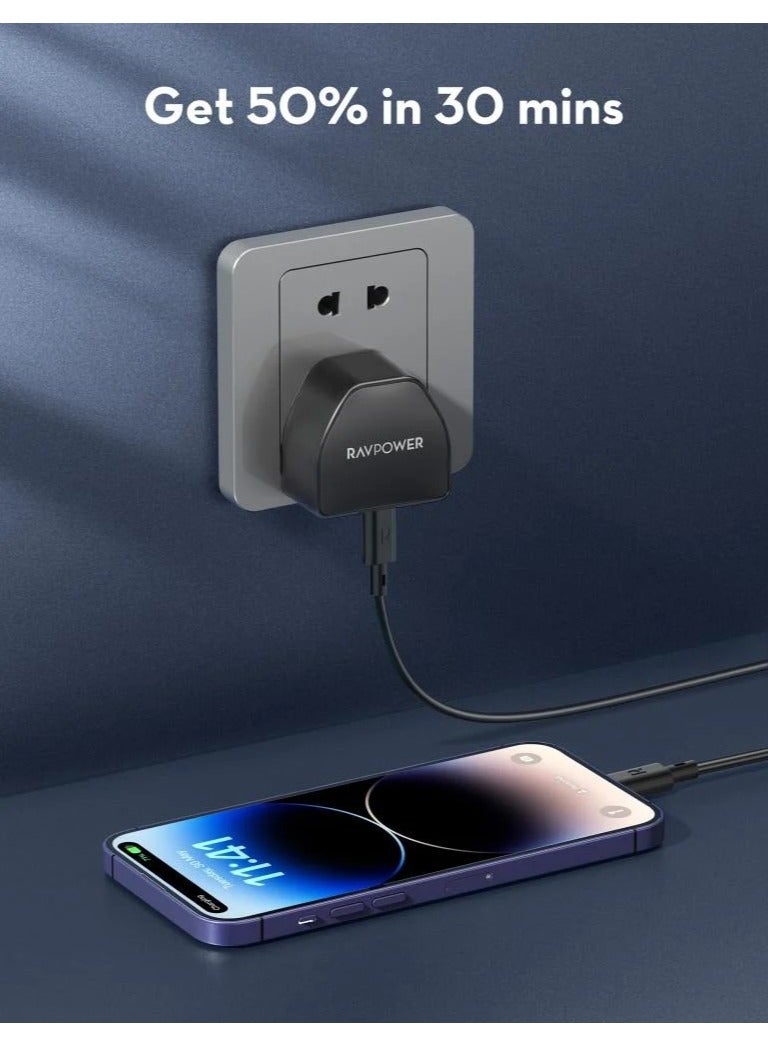 RAVPOWER - 20W Wall Charger with Type-C Port + 20W Car Charger with Type-C Port + 1m Type-C to Type-C Cable - Black - Image 1