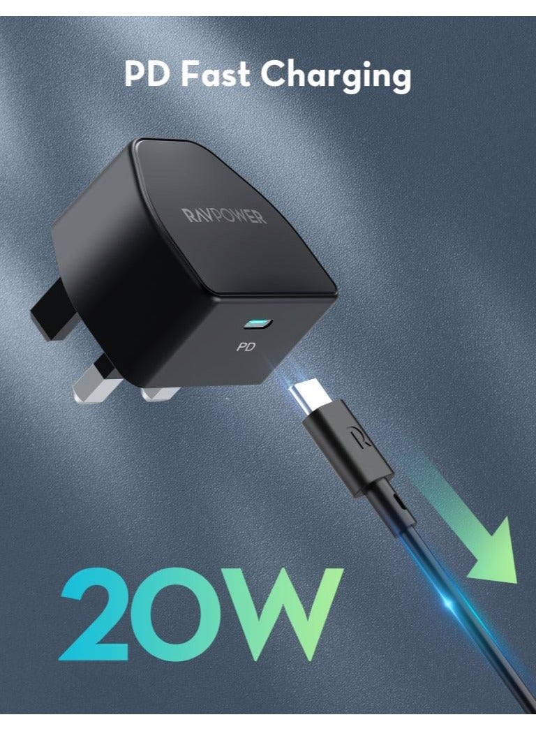RAVPOWER - 20W Wall Charger with Type-C Port + 20W Car Charger with Type-C Port + 1m Type-C to Type-C Cable - Black - Image 1