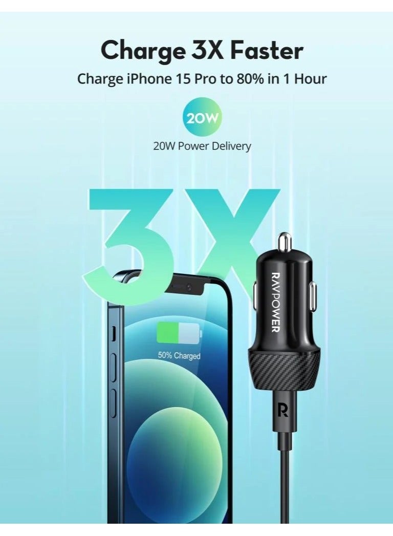 RAVPOWER - 20W Wall Charger with Type-C Port + 20W Car Charger with Type-C Port + 1m Type-C to Type-C Cable - Black - Image 1