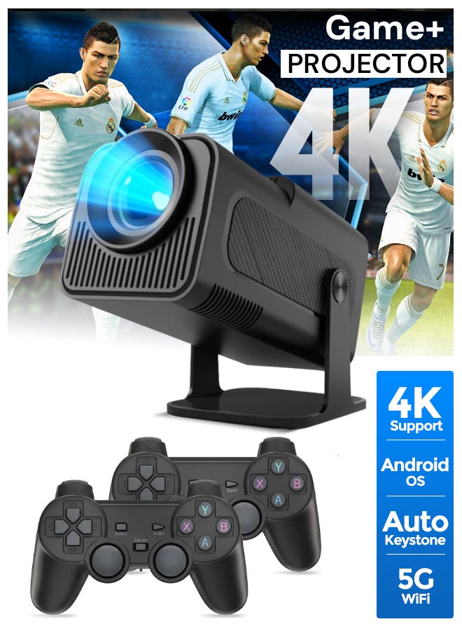 وونكت - Mini Andorid Portable Projector with Gaming Console 2 in 1 Gaming Projector 1080P Smart Projector FHD 4K Supported 300 ANSI Lumens with WiFi 6 HY320 Black - Image 1