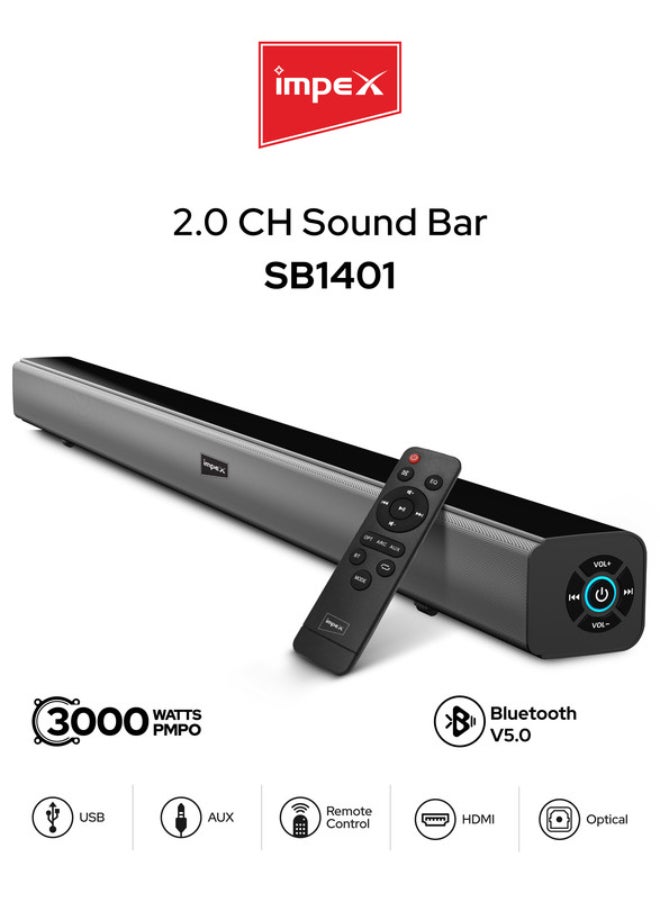 Impex 2.0CH Sound Bar - 3000W (PMPO) Bluetooth 5.0 Sound Bar Cinema Movie with LED Display, Music Player Song Player For Home Office indoor and outdoor, Remote Control & USB/AUX/HDMI/Optical Support, Tv Entertainment – 2 Year Warranty, SB 1401 Black SB 1401 Black - Image 1
