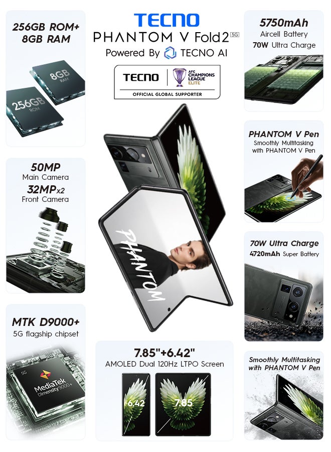 TECNO - Phantom V Fold2 Dual SIM Karst Green 12GB RAM 512GB 5G - Middle East Version - Image 1