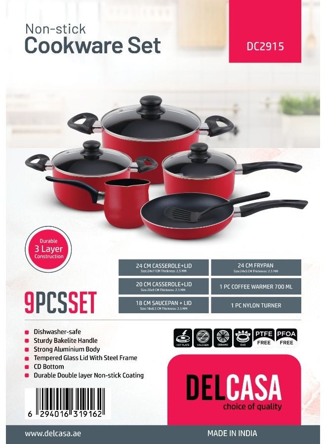 ديلكاسا طقم أواني الطهي غير اللاصقة 9 قطع من ديلكاسا، هيكل من الألمنيوم الأحمر مع طلاء غير لاصق ثلاثي الطبقات - Image 2