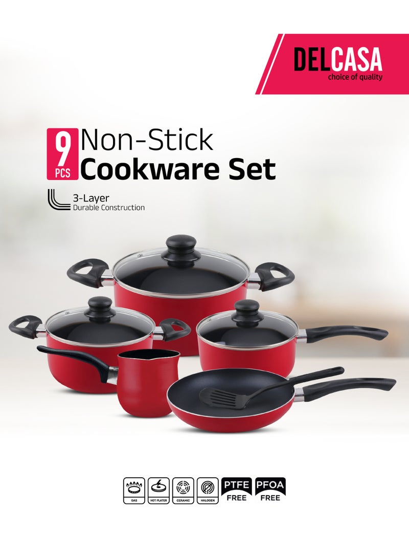 ديلكاسا طقم أواني الطهي غير اللاصقة 9 قطع من ديلكاسا، هيكل من الألمنيوم الأحمر مع طلاء غير لاصق ثلاثي الطبقات - Image 2
