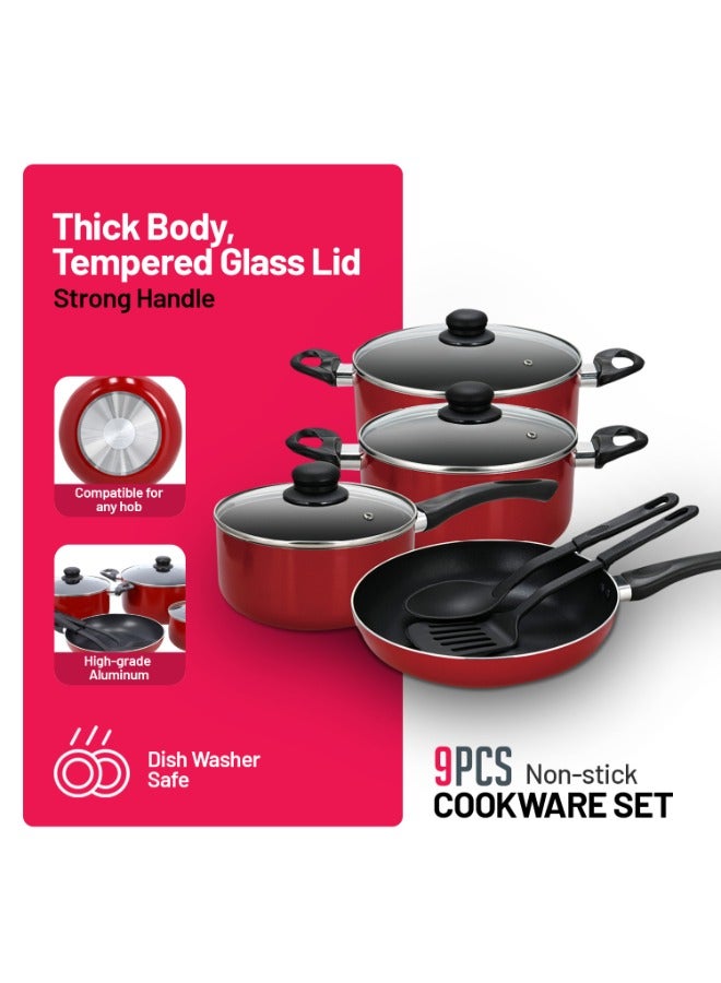 DELCASA Royal Ford 9pcs Aluminum Non-Stick Cookware Set, | 3 Layer Durable Construction | Tempered Glass Lid with Steel Frame | CD Bottom | Bakelite Handle | 2pcs Nylon Tool , Red color Red 53.5x15.5x31 cmcm - Image 2