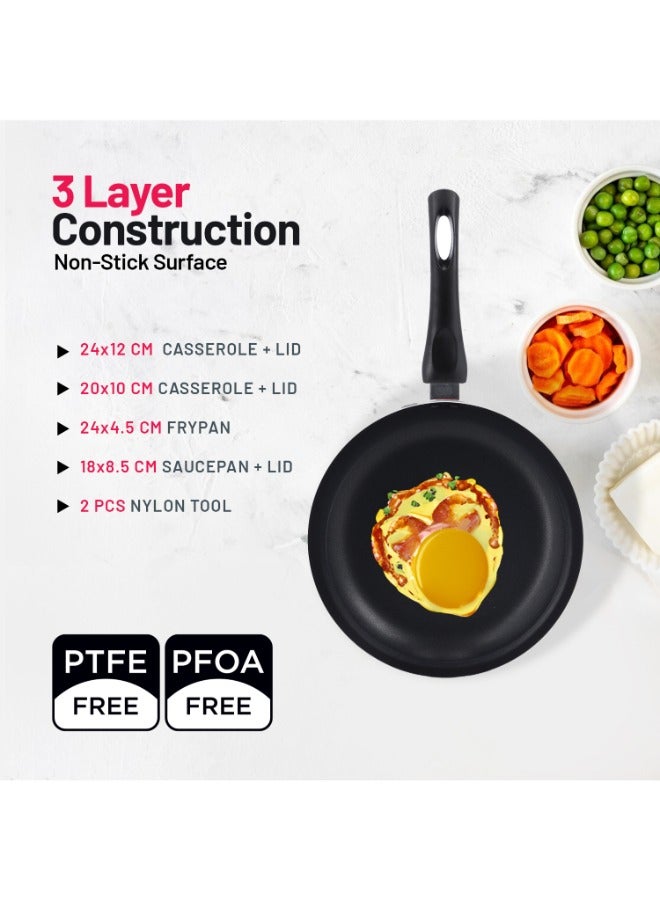 DELCASA Royal Ford 9pcs Aluminum Non-Stick Cookware Set, | 3 Layer Durable Construction | Tempered Glass Lid with Steel Frame | CD Bottom | Bakelite Handle | 2pcs Nylon Tool , Red color Red 53.5x15.5x31 cmcm - Image 4