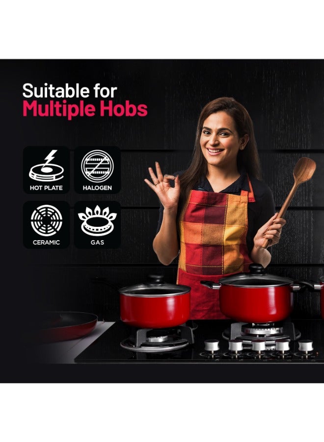 DELCASA Royal Ford 9pcs Aluminum Non-Stick Cookware Set, | 3 Layer Durable Construction | Tempered Glass Lid with Steel Frame | CD Bottom | Bakelite Handle | 2pcs Nylon Tool , Red color Red 53.5x15.5x31 cmcm - Image 5