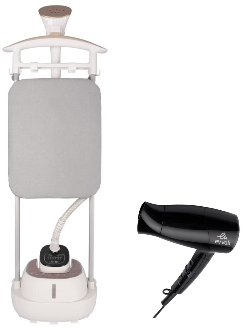 evvoli Garment Steamer 2000W Stainless Steel Soleplate And 6 Steam Level And Hair Dryer 1500W, Foldable Handle Bundle 2 L 2000 W EVIR-GS2000G + EVHC-HD1500B White/Black 