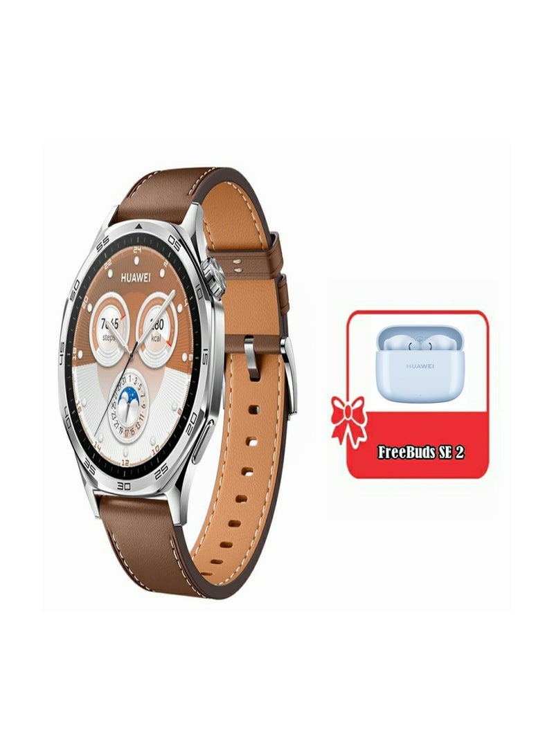 HUAWEI - WATCH GT5 46mm Smartwatch, up to 14 Days Battery Life, All-new Running and Cycling Sports Sharp-Edged Design, Health Tracking, Compatible with iOS and Android (with Freebuds SE 2) Brown - Image 1