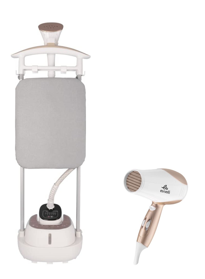 evvoli Garment Steamer 2000W Stainless Steel Soleplate And 6 Steam Level And Hair Dryer 2200W, Ionic, Cool Shot Bundle 2 L 2200 W EVIR-GS2000G + EVHC-HD2200W) White 