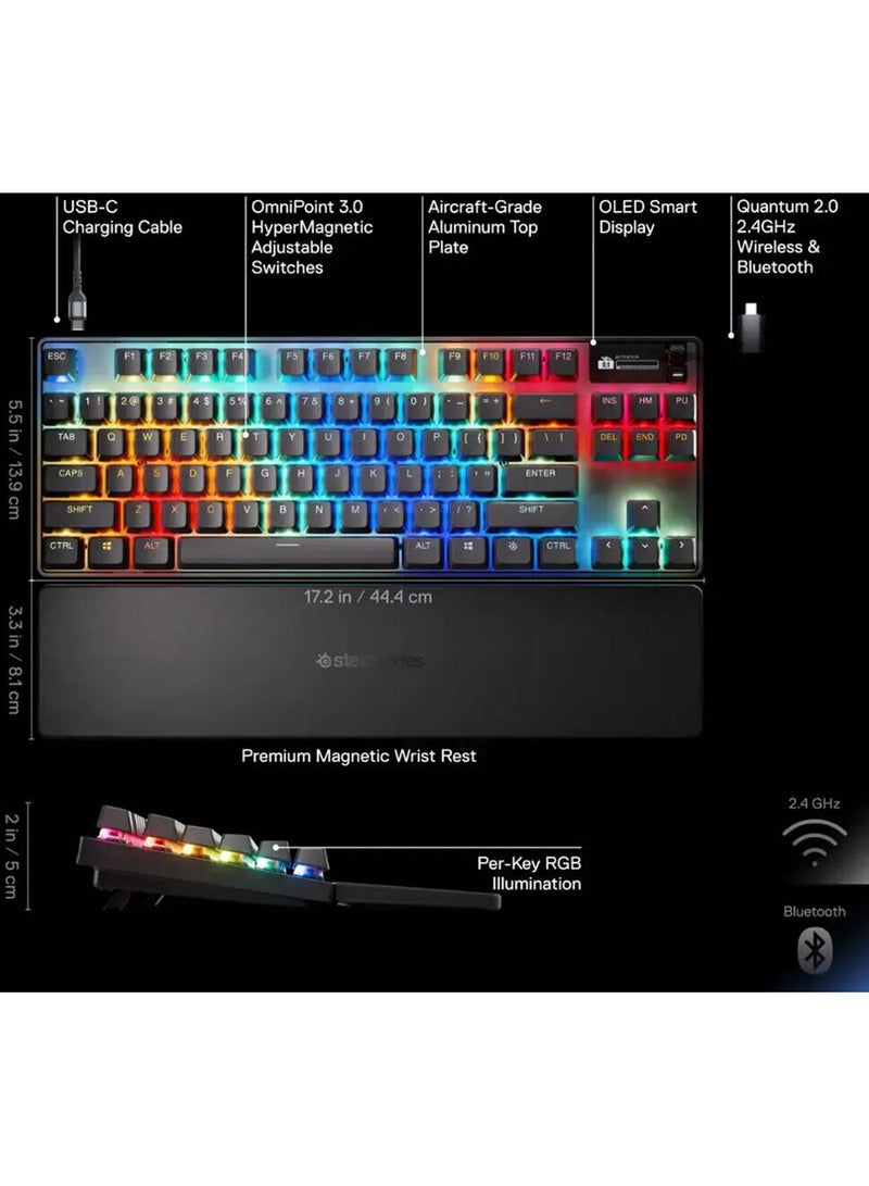 ستيل سيريز - Apex Pro TKL Gen 3 Wireless Mechanical Gaming Keyboard, OmniPoint 3.0 Adjustable HyperMagnetic Switches, 0.7ms Response Time, Double-Shot PBT Keycaps, 37.5 hrs Battery Life (Wireless), 5 Custom Profiles, Per-Key RGB Lighting, OLED Smart Display, US English Layout, Wireless & Bluetooth Connectivity, Black | 64871 - Image 1