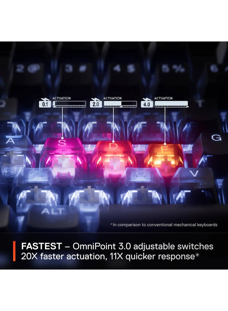 ستيل سيريز - Apex Pro TKL Gen 3 Wireless Mechanical Gaming Keyboard, OmniPoint 3.0 Adjustable HyperMagnetic Switches, 0.7ms Response Time, Double-Shot PBT Keycaps, 37.5 hrs Battery Life (Wireless), 5 Custom Profiles, Per-Key RGB Lighting, OLED Smart Display, US English Layout, Wireless & Bluetooth Connectivity, Black | 64871 - Image 1