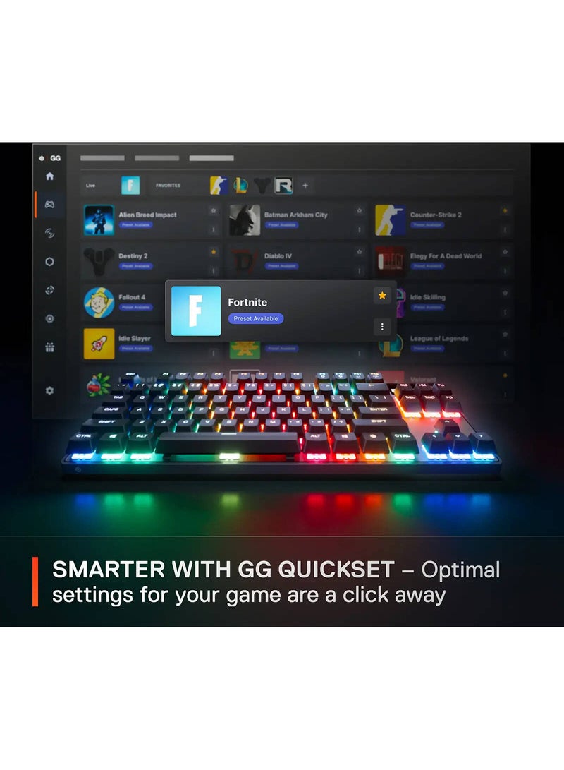ستيل سيريز - Apex Pro TKL Gen 3 Wireless Mechanical Gaming Keyboard, OmniPoint 3.0 Adjustable HyperMagnetic Switches, 0.7ms Response Time, Double-Shot PBT Keycaps, 37.5 hrs Battery Life (Wireless), 5 Custom Profiles, Per-Key RGB Lighting, OLED Smart Display, US English Layout, Wireless & Bluetooth Connectivity, Black | 64871 - Image 1