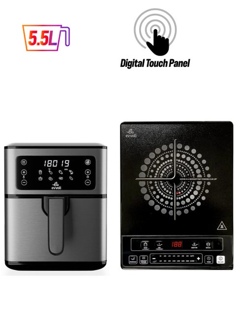 Air Fryer 5.5 Liters With Digital Control Panel Display, 8 Preset Programs and Induction Hob, Single Burner, 8 Stage Power Setting Bundle 5.5 L 2100 W EVKA-AF5508D + EVKA-IH106S Grey/Black