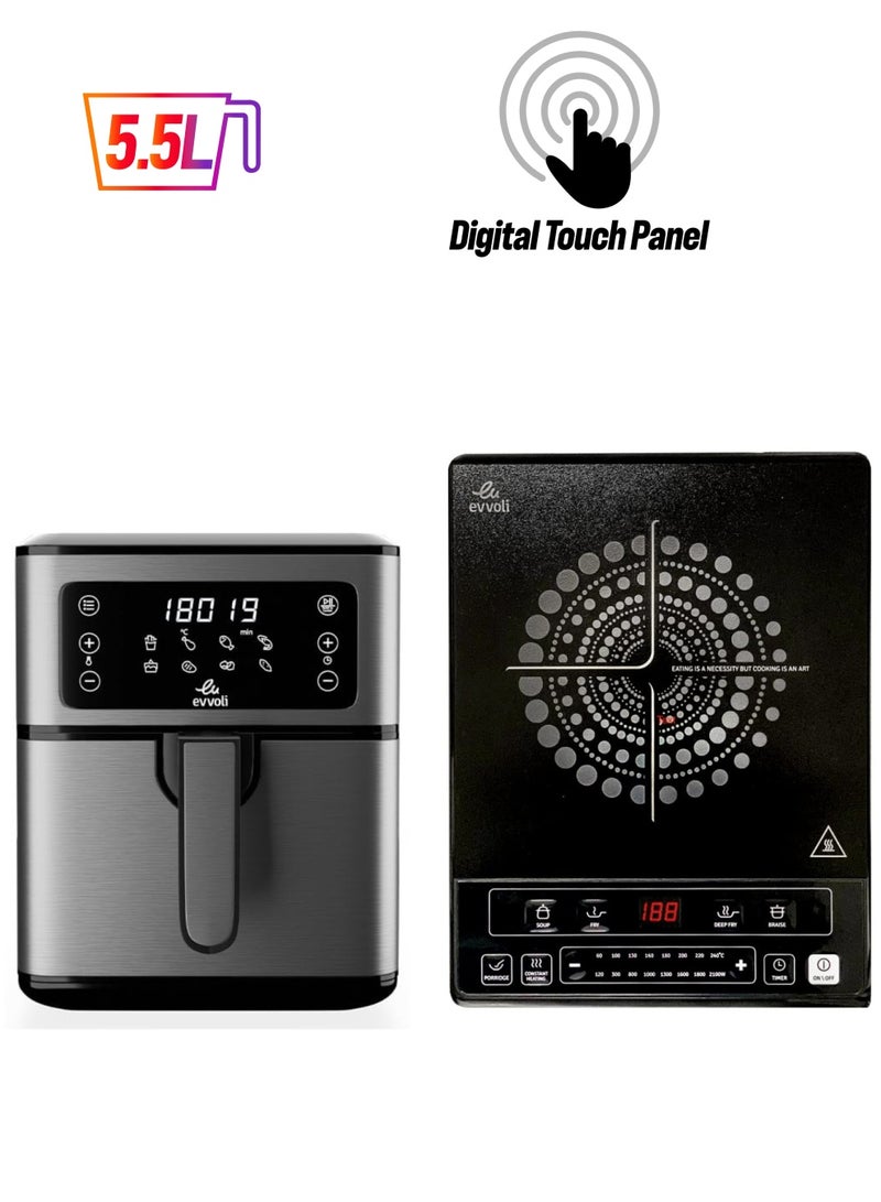 evvoli Air Fryer 5.5 Liters With Digital Control Panel Display, 8 Preset Programs and Induction Hob, Single Burner, 8 Stage Power Setting Bundle 5.5 L 2100 W EVKA-AF5508D + EVKA-IH106S Grey/Black  - Image 1