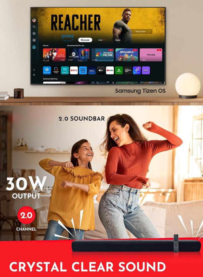 Samsung - 55-Inch QLED 4K Q60D Tizen OS Smart TV with HDR10+, 4K Upscaling, AirSlim Design With 2.0 Channel Soundbar 30W, HDMI ARC, Bluetooth, USB, MP3, FM Station 55Q60D+SOUNDBAR Black - Image 1