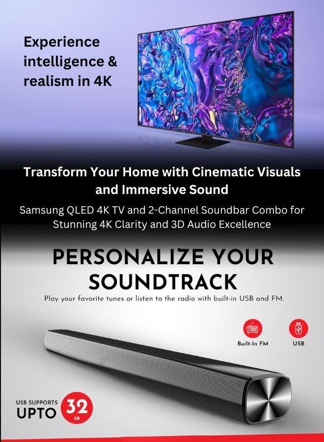 سامسونج 65-Inch QLED 4K Q70D Tizen OS Smart TV with 4K AI Upscaling, Quantum Dot, AirSlim Design With 2.0 Channel Soundbar 30W, HDMI ARC, Bluetooth, USB, MP3, FM Station 65Q70D+SOUNDBAR Grey 65Q70D+SOUNDBAR Grey  - Image 3