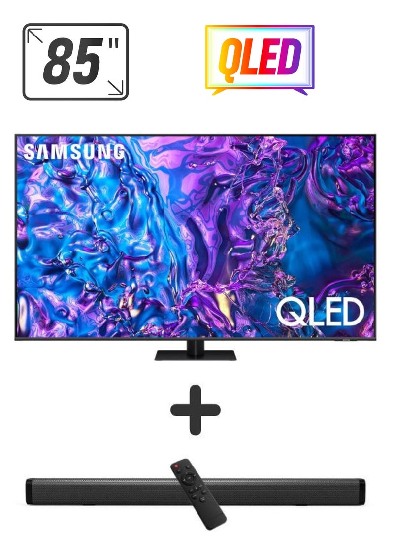 Samsung - 85-Inch QLED 4K Q70D Tizen OS Smart TV with 4K AI Upscaling, Quantum Dot, AirSlim Design With 2.0 Channel Soundbar 30W, HDMI ARC, Bluetooth, USB, MP3, FM Station 85Q70D+SOUNDBAR Grey 85Q70D+SOUNDBAR Grey - Image 1