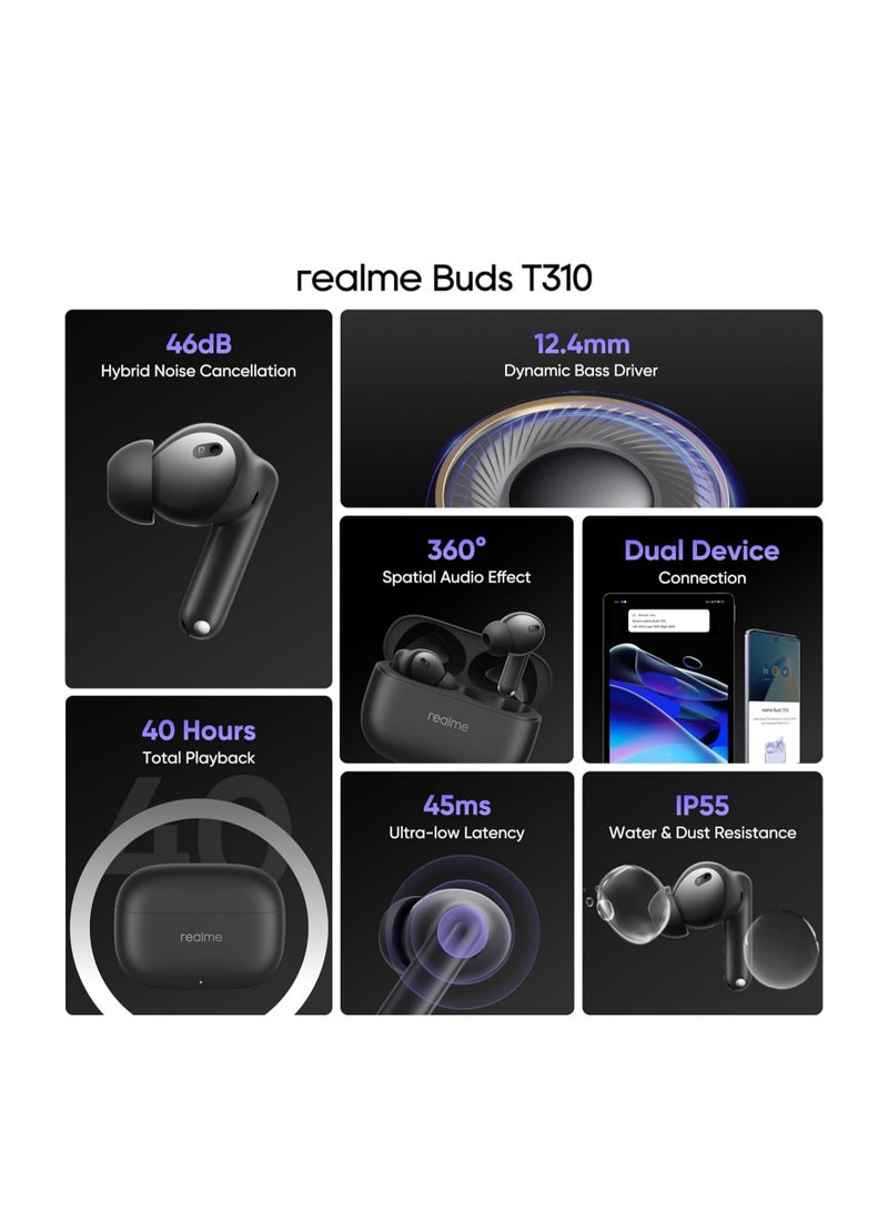 realme - Buds T310 Truly Wireless in-Ear Earbuds with 46dB Hybrid ANC, 12.4mm Dynamic Bass Driver, Upto 40Hrs Battery and Fast Charging Vibrant Black - Image 1