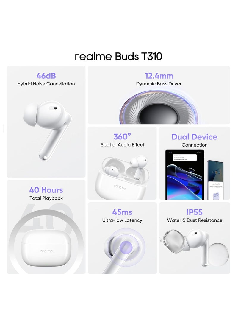 realme - Buds T310 Truly Wireless in-Ear Earbuds with 46dB Hybrid ANC, 12.4mm Dynamic Bass Driver, Upto 40Hrs Battery and Fast Charging Agile White - Image 1