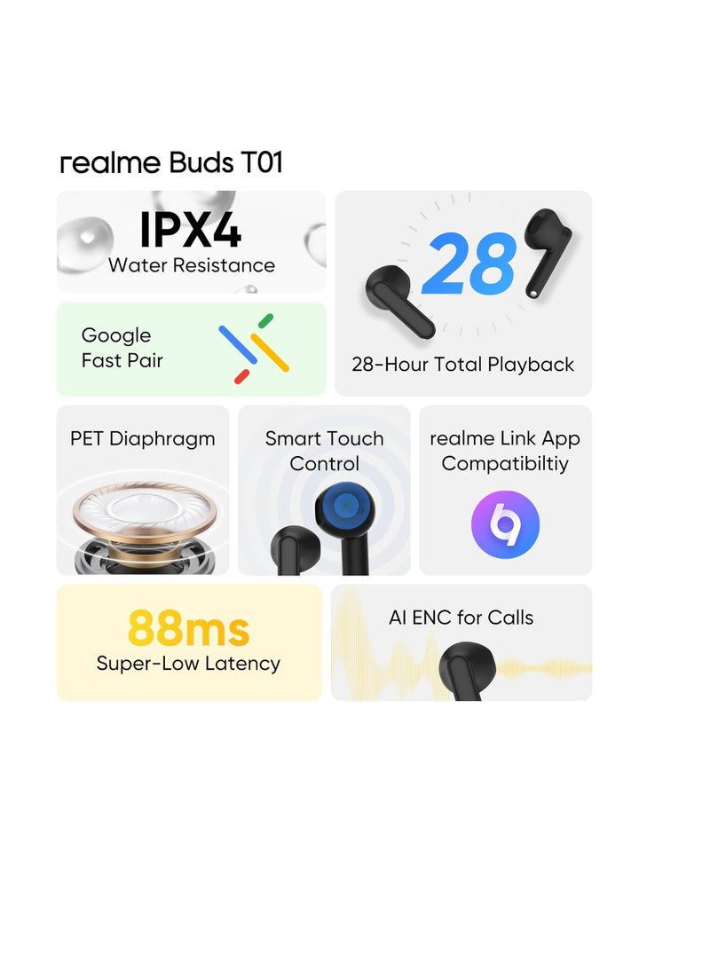 realme Buds T01 Truly Wireless Earbuds, AI ENC for Calls, 13mm Dynamic Bass Driver, 28Hrs Battery Bluetooth V5.4, Google Fast Pair Black - Image 5