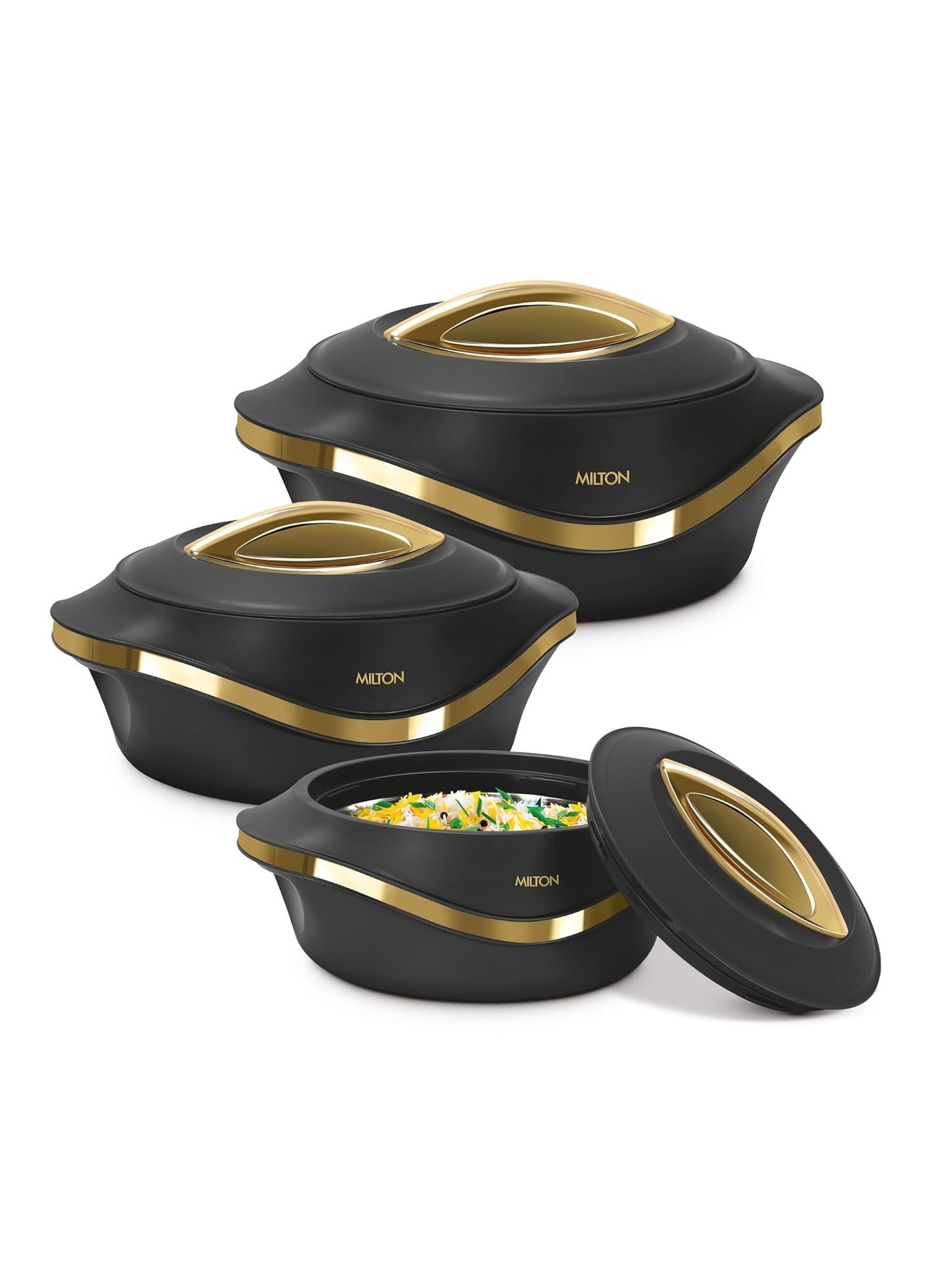 ميلتون Pearl Inner Stainless Steel Regular Casserole Set of 3 (860 ml, 1.27 Litre, 1.96 Litre), Black | BPA Free | Food Grade | Easy to Carry | Easy to Store | Chapati | Roti | Curd Maker Black 