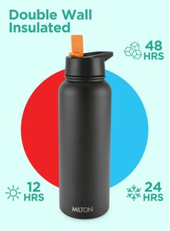 Milton 1180ml Vacuum Insulated Water Bottle with 4 Lids, Keeps Drinks 12 Hrs Hot & 24 Hrs Cold, 18/8 Stainless Steel, Double-Walled Flask with Inner Copper Coating for Sports, Gym - Flassio  - Image 2