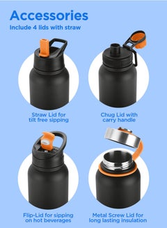 Milton 1180ml Vacuum Insulated Water Bottle with 4 Lids, Keeps Drinks 12 Hrs Hot & 24 Hrs Cold, 18/8 Stainless Steel, Double-Walled Flask with Inner Copper Coating for Sports, Gym - Flassio  - Image 4