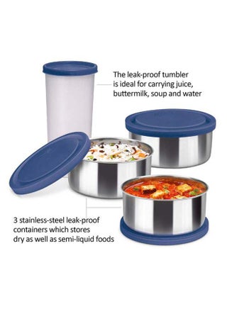 Milton Stainless Steel Lunch Box Tiffin – 3 Stainless Steel Containers (280ml Each) and 1 Plastic Tumbler with Lid (400ml) with Fabric Jacket, Food Container for School, Office, Combi, Blue Blue - view 5