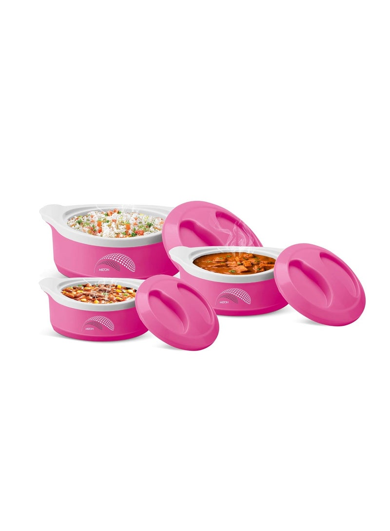 Milton 3-Piece Casserole Set (450ml, 850ml, 1.24L) Double-Walled Hotpot with PU Insulation & Stainless Steel Inner, Keeps Food Hot/Cold for Hours, Perfect for Serving Roti - Marvel Jr Pink 3-Piece Set - Image 1