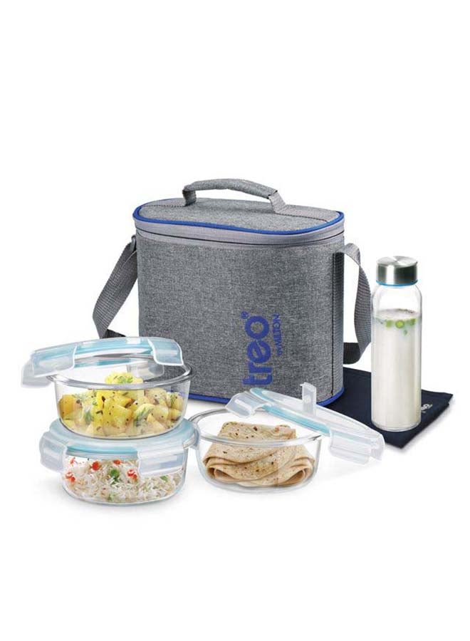 TREO 6-Piece Glass Lunch Box Set with Insulated Bag & Dinning Mat - Includes 3 Microwave Safe Food Containers (400ml Each), 250ml Bottle, Borosilicate Office Tiffin- All Fresh Premier Transparent - Image 1