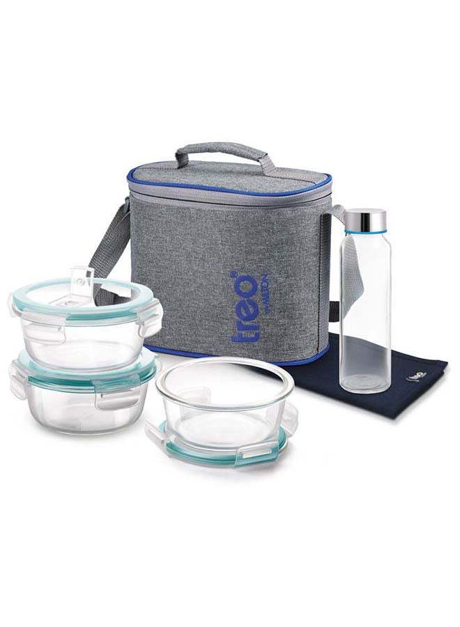 TREO 6-Piece Glass Lunch Box Set with Insulated Bag & Dinning Mat - Includes 3 Microwave Safe Food Containers (400ml Each), 250ml Bottle, Borosilicate Office Tiffin- All Fresh Premier Transparent - Image 2
