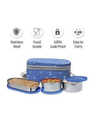 Milton Lunch Stainless Steel Lunch Box Tiffin – Set of 3 Leakproof Food Containers (280ml, 280ml and 472ml) with Spoons, Lightweight, for School, Office and Travel لانش بوكس Corporate, Blue Blue - view 3