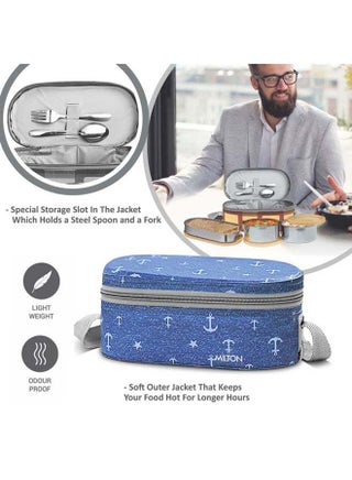 Milton Lunch Stainless Steel Lunch Box Tiffin – Set of 3 Leakproof Food Containers (280ml, 280ml and 472ml) with Spoons, Lightweight, for School, Office and Travel لانش بوكس Corporate, Blue Blue - view 5